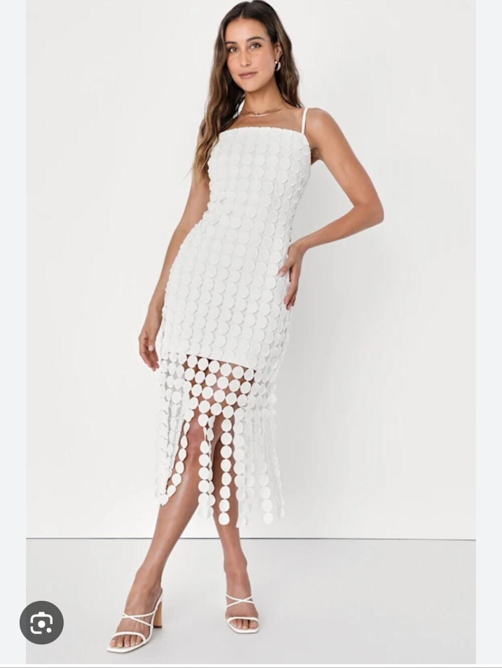 LULUS WHITE SLEEVELESS DRESS 3D DOT MIDI FRINGE SZ MED